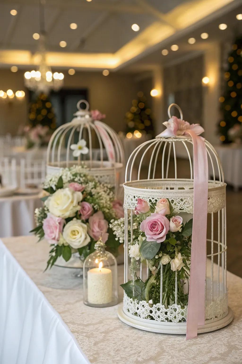 Wedding centerpieces featuring decorative birdcages filled with flowers.