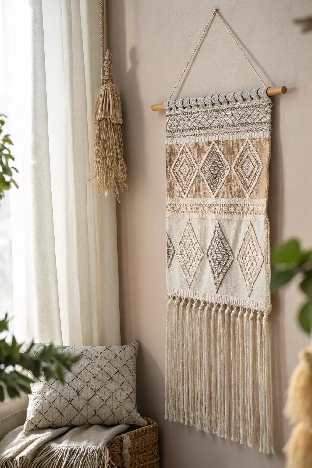 Elevate your space with this simple yet elegant fabric wall hanging, a blend of Scandinavian minimalism with a boho twist.