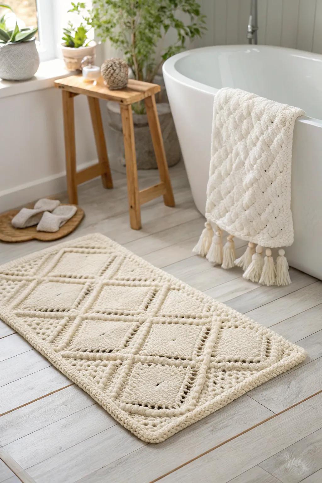 Step into luxury with a handmade crochet bath mat, where simplicity meets elegance.