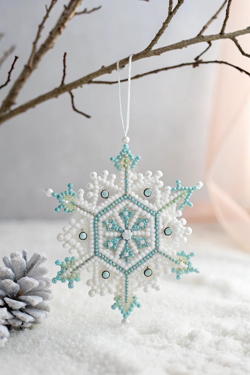 Embrace the beauty of winter with a handcrafted perler bead snowflake, perfect for adding a touch of elegance to your home decor.