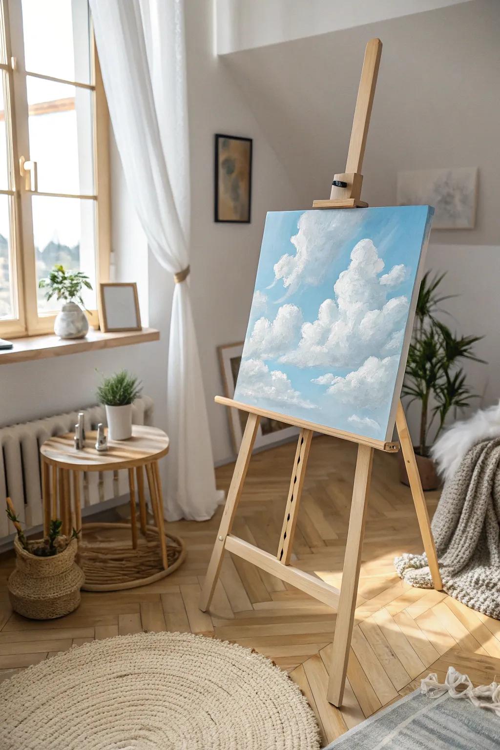 Capture the serene beauty of whimsical clouds with this minimalist art piece, perfect for adding a touch of airy elegance to any room.