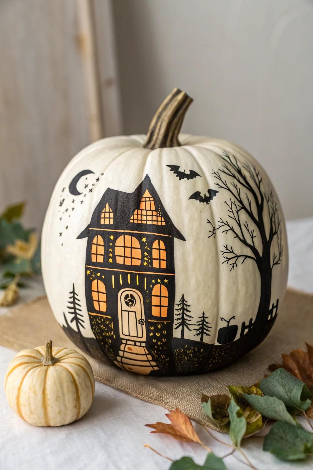 Step into a whimsical world with this haunted mansion pumpkin—where simplicity meets spooky charm.