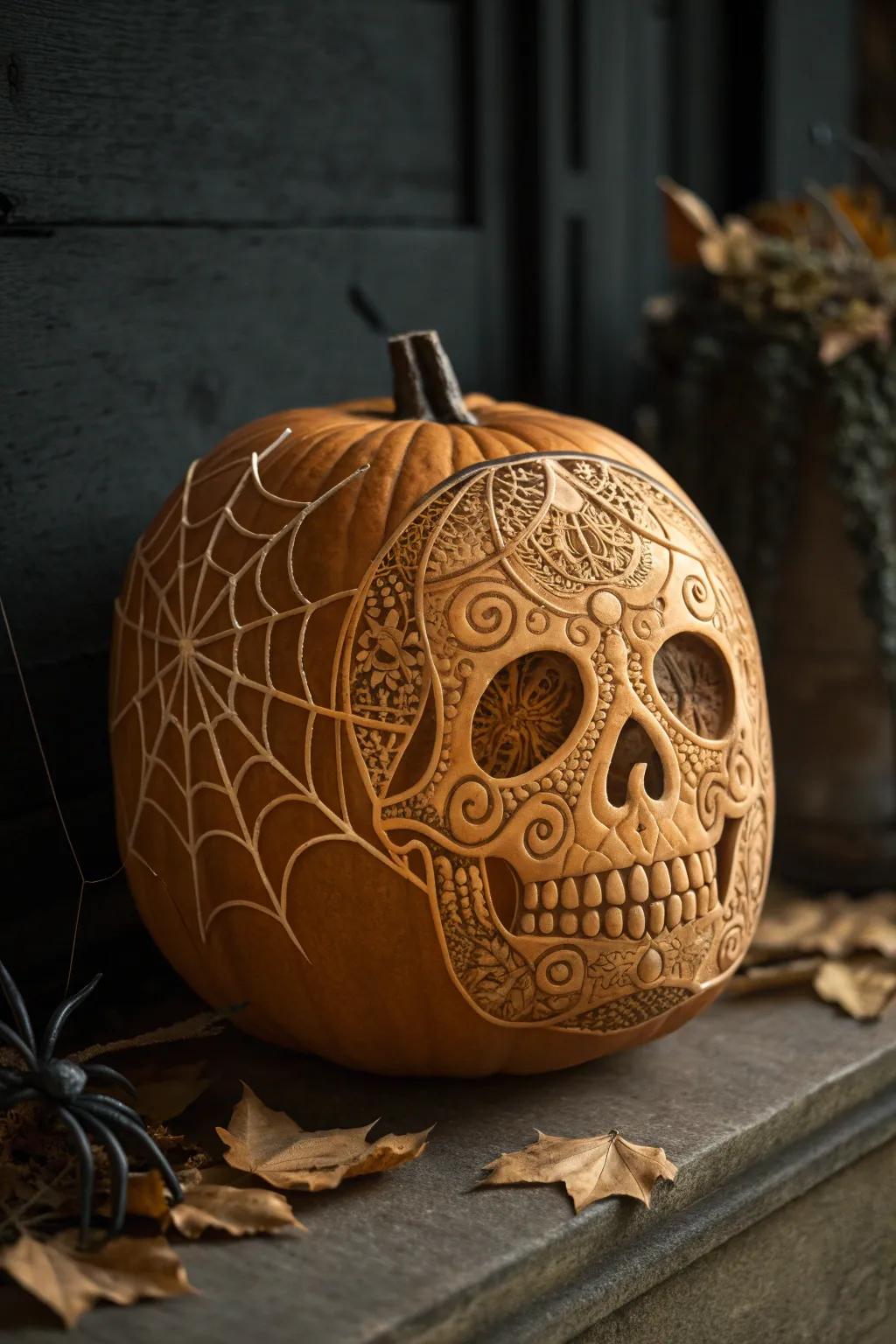 Master the art of spooky elegance with this skull pumpkin adorned with intricate spider webs.