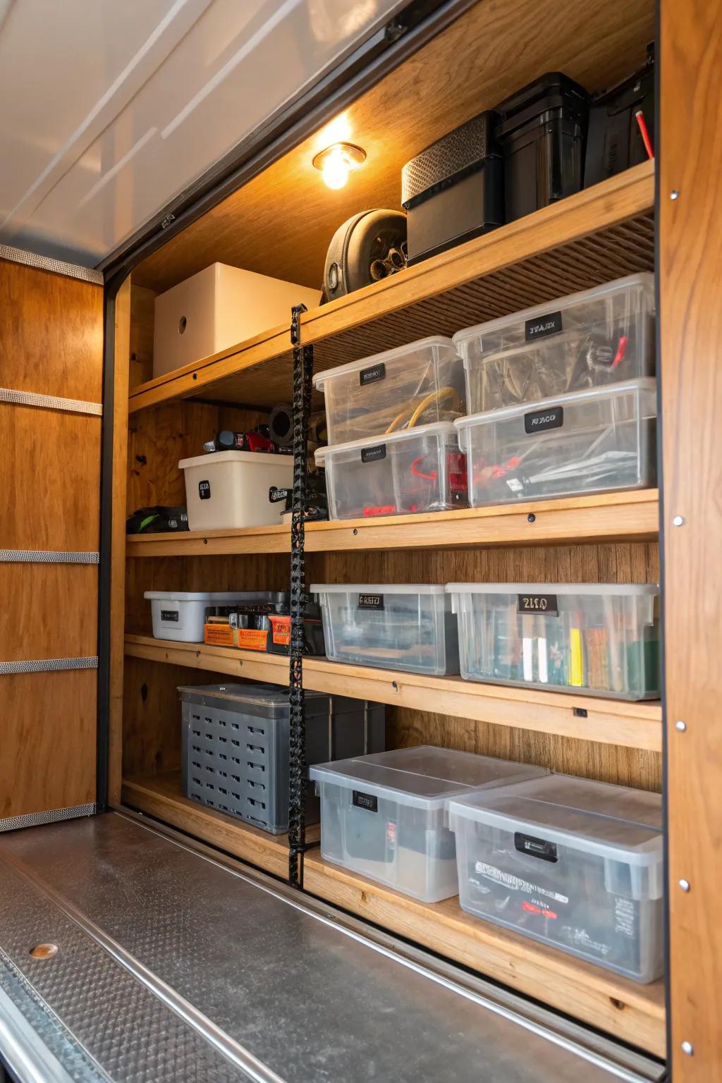 Streamline your space with transparent containers: see everything at a glance while maintaining an effortlessly organized trailer.