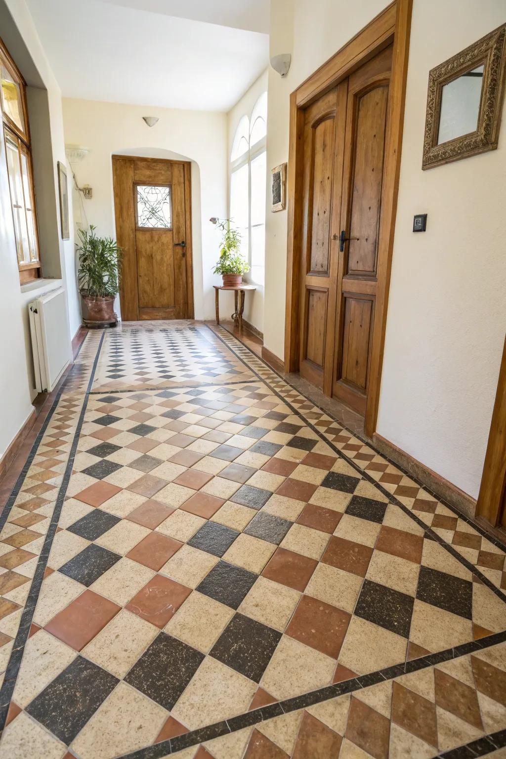 Two-tone tiles add a dynamic visual element to the entryway.