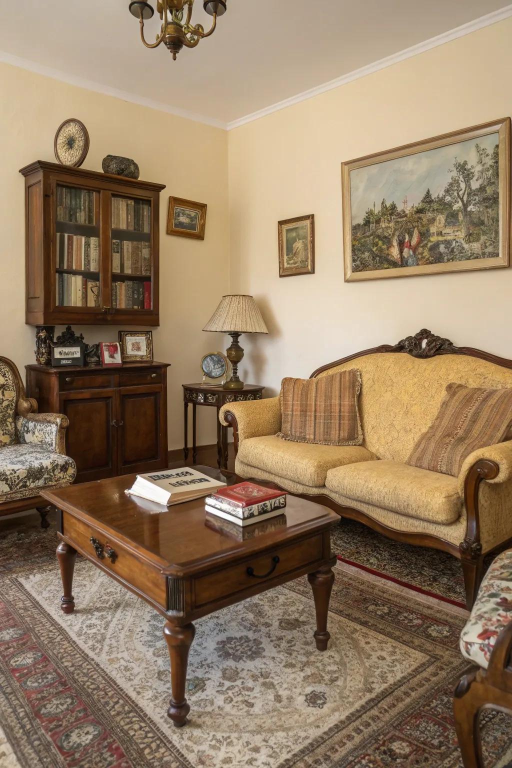 Vintage elements add a unique story to this European-style living room.