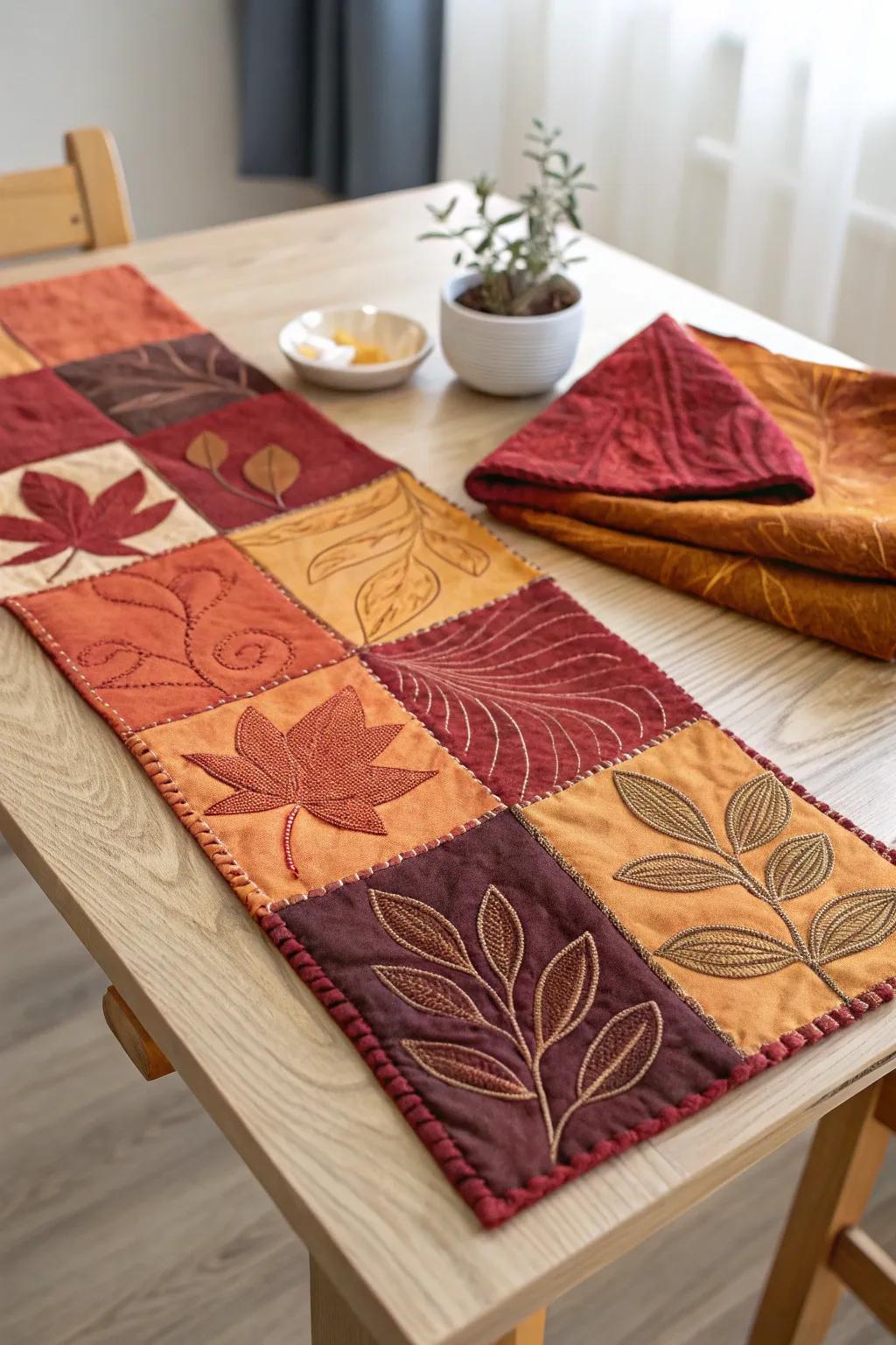 Embrace the warmth of autumn with a handcrafted fabric collage that brings seasonal charm into your home.