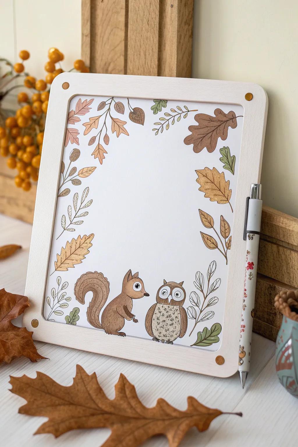 Bring the beauty of the forest indoors with this charming woodland-themed dry erase board.