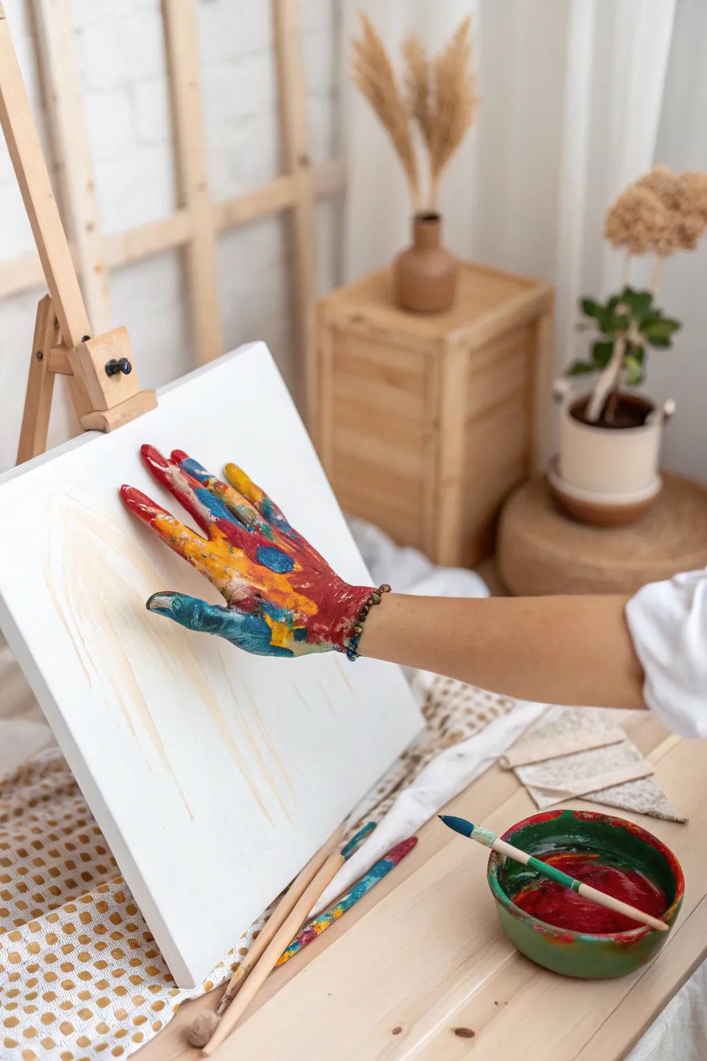 Celebrate creativity with a burst of color: finger-painted fireworks in a minimalist setting.
