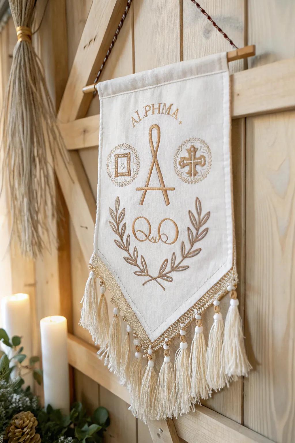 Embrace tradition with minimalist elegance: Alpha & Omega symbols on a handcrafted First Communion banner.