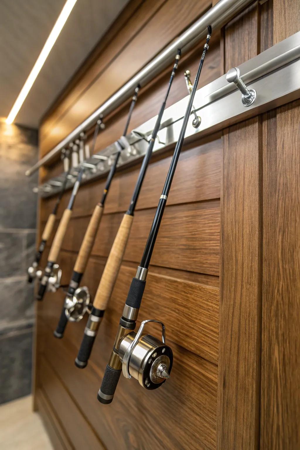 Modern meets craftsmanship: Magnetic holders for a stylish fishing rod display.