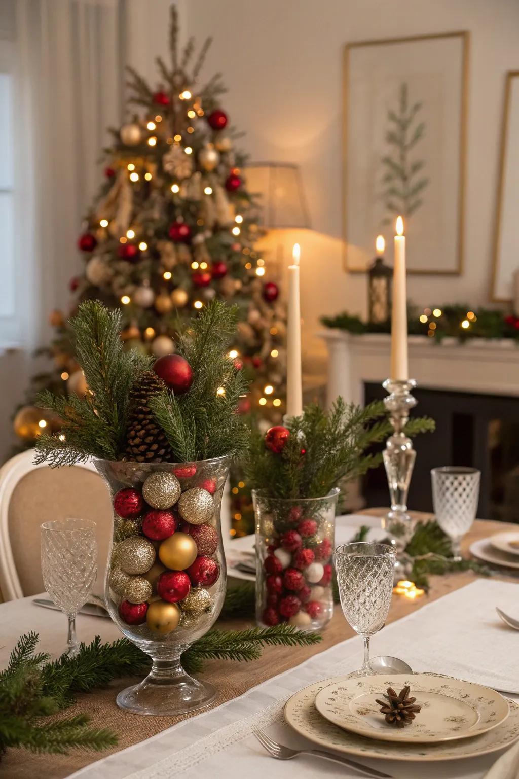 Seasonal fillers add festive charm to vase displays.