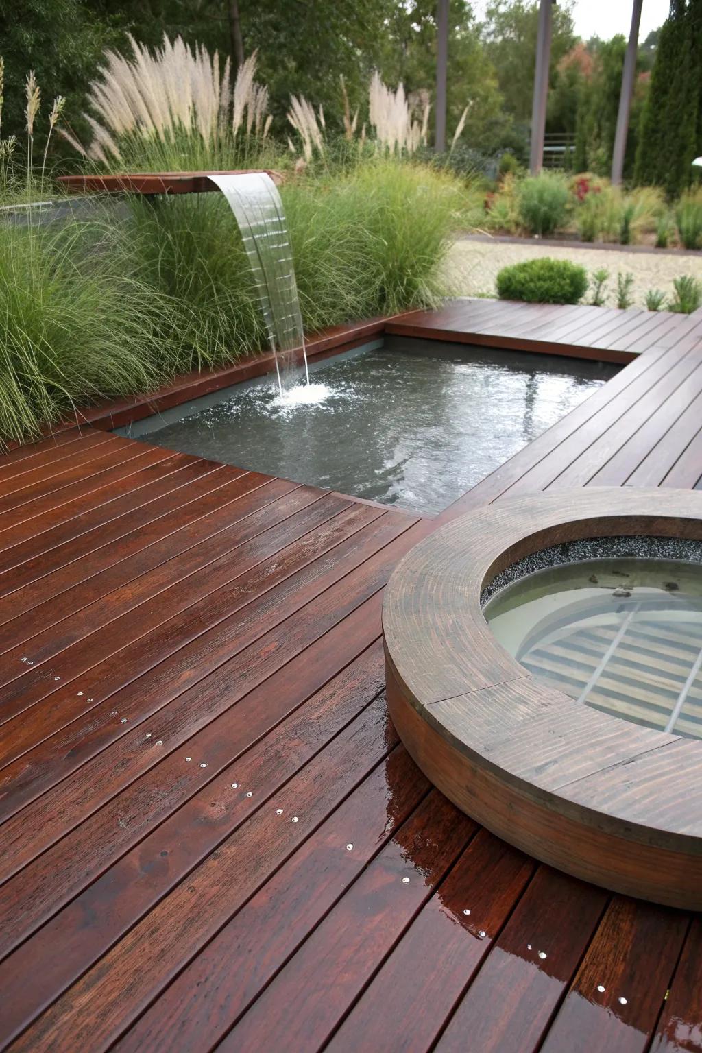 Elevate your outdoor space with a handcrafted deck and soothing water feature – the perfect blend of craftsmanship and tranquility.