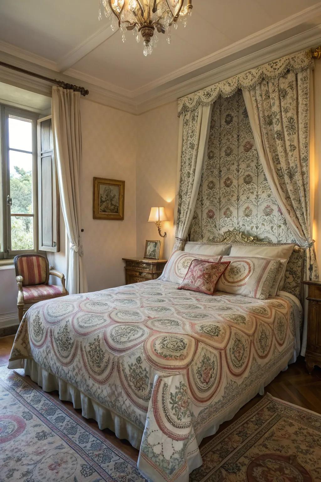 French-inspired bedding with intricate patterns enhances sophistication.