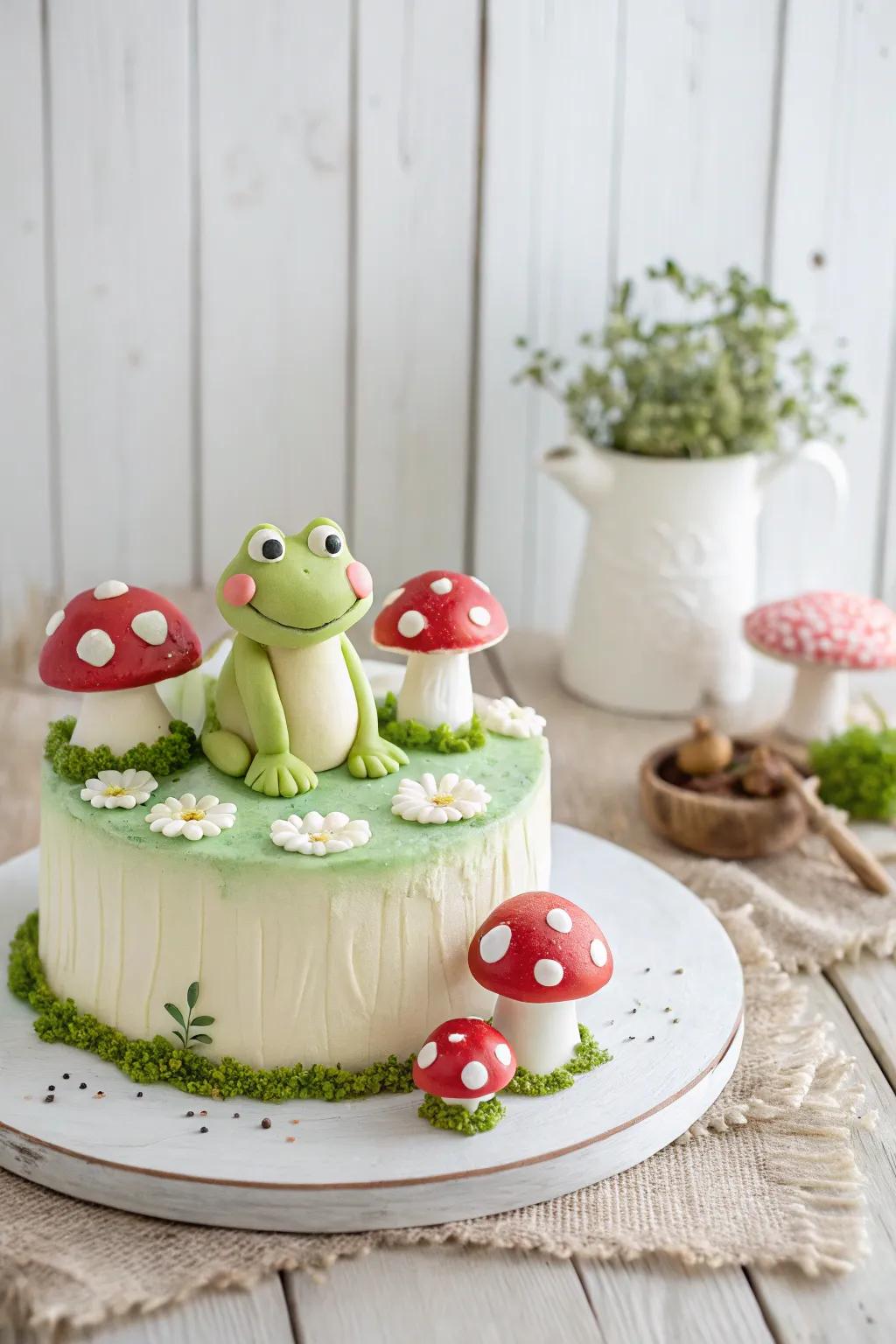 Enchant your senses with this whimsical Frog Cake and Toadstool Mushrooms, a perfect blend of fantasy and Scandinavian elegance.