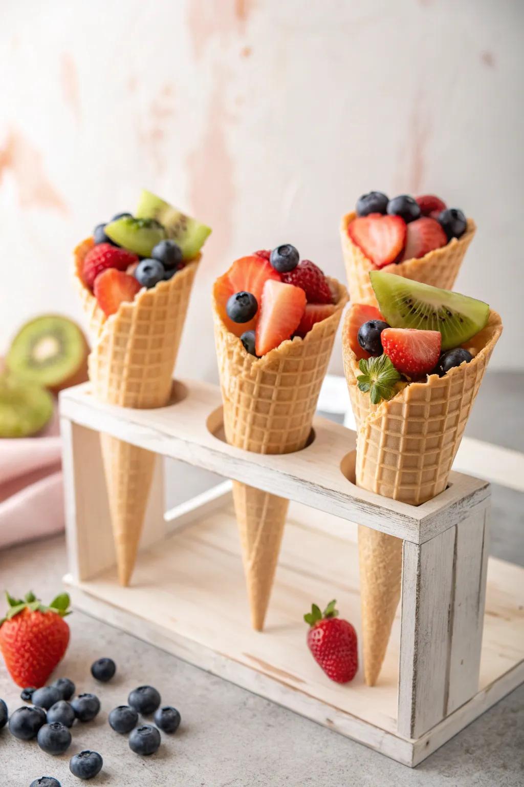 Elevate your fruit kabob presentation with a playful twist—ice cream cones as holders! 🍦🍓 Embrace the simplicity and natural beauty of Scandinavian-Boho style.