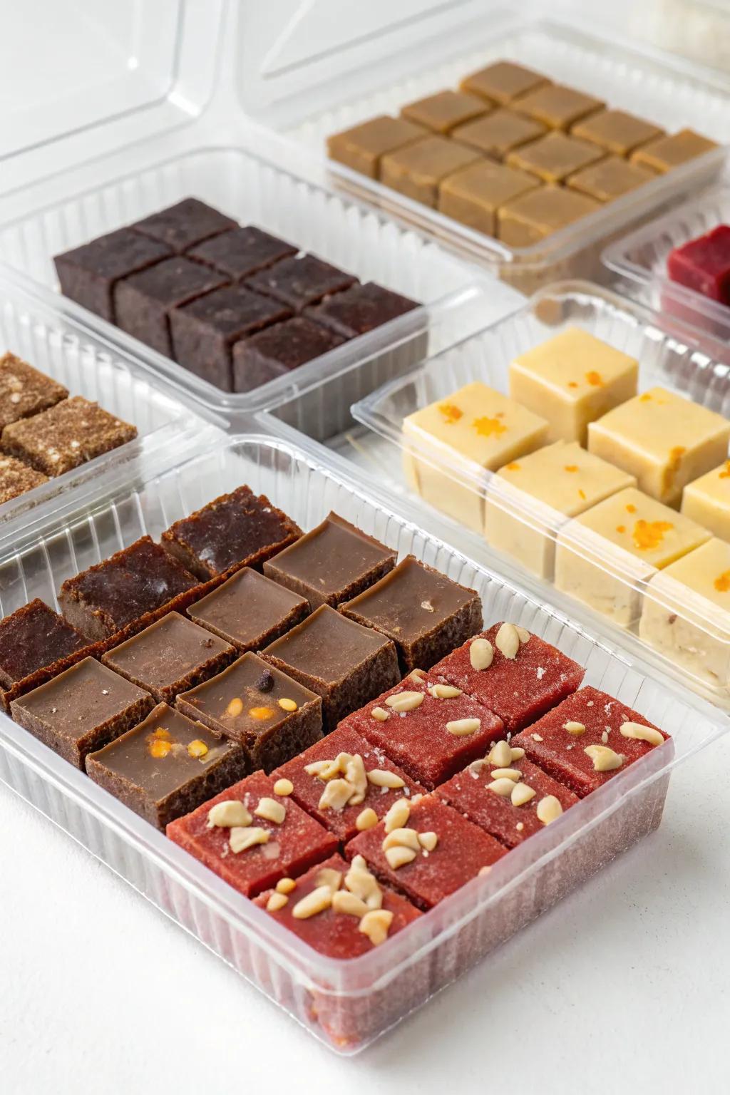 Modern fudge display in clear plastic boxes.