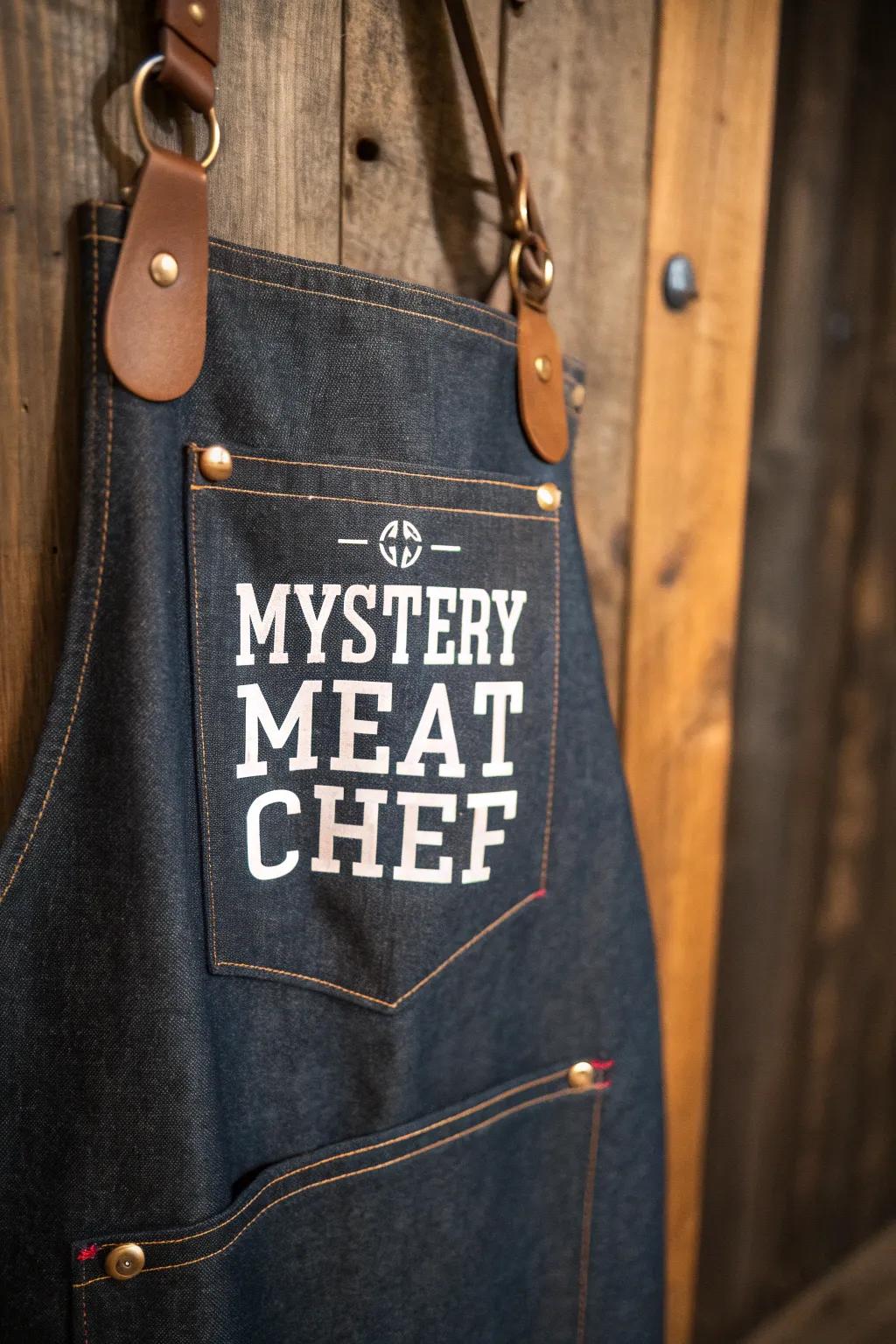 Unleash your inner culinary adventurer with the 'Mystery Meat Chef' apron.