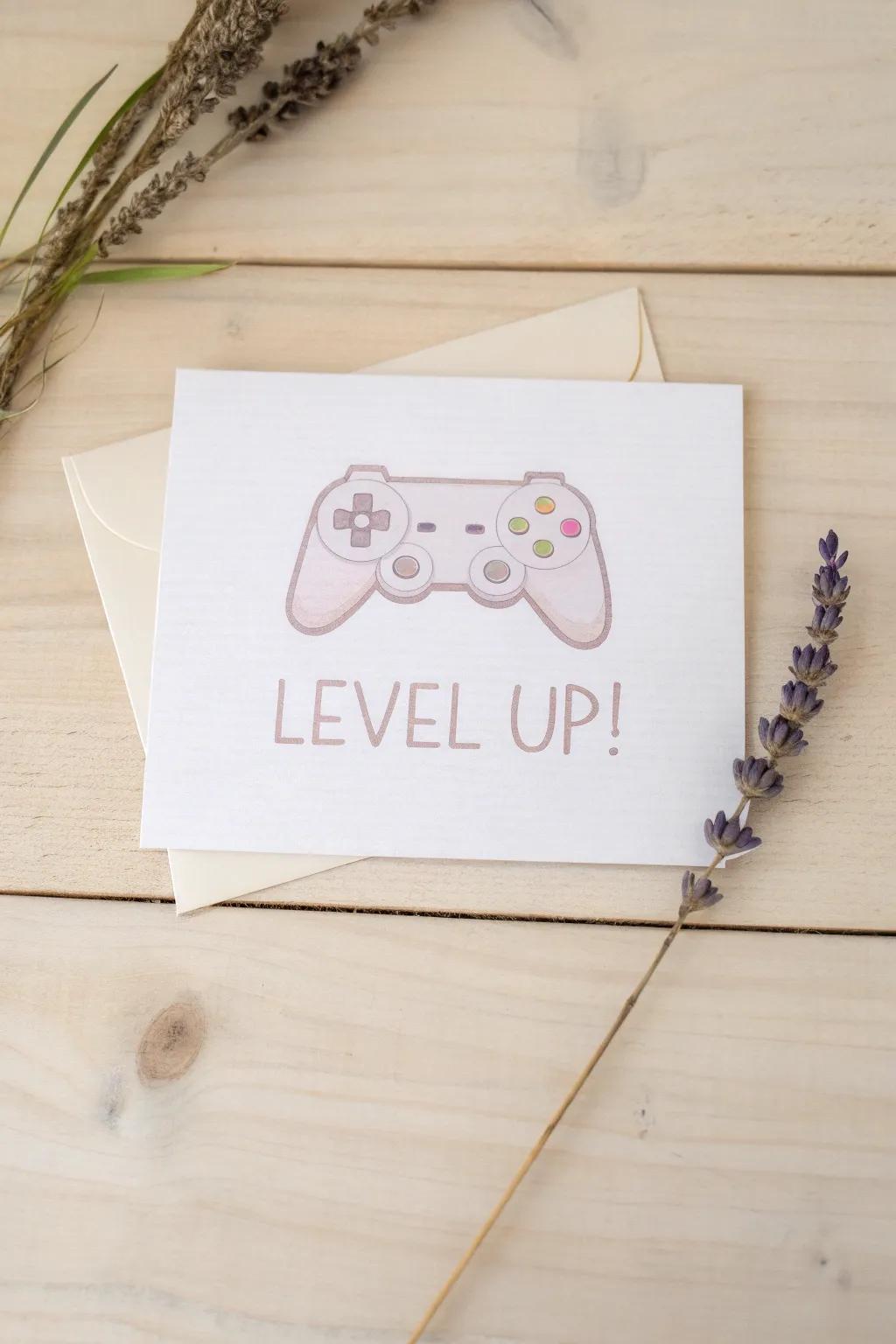 Level Up! A minimalist birthday card for the gamer at heart, blending simplicity with a playful touch.