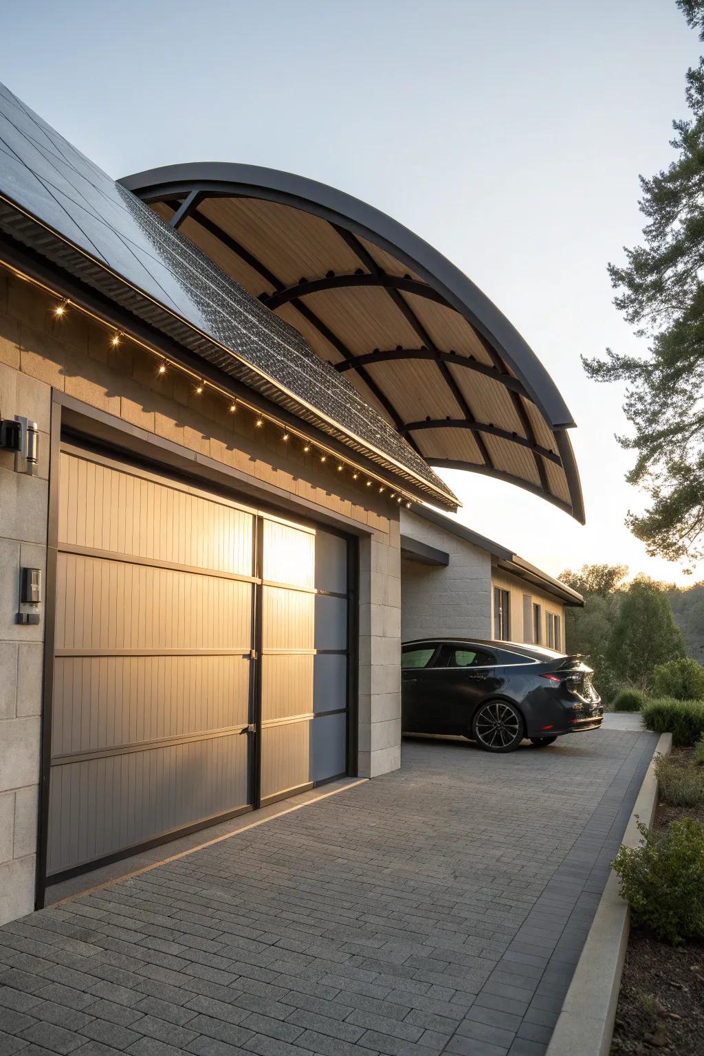 Elevate your garage design with a solar-powered eyebrow roof that combines craftsmanship with cutting-edge technology.