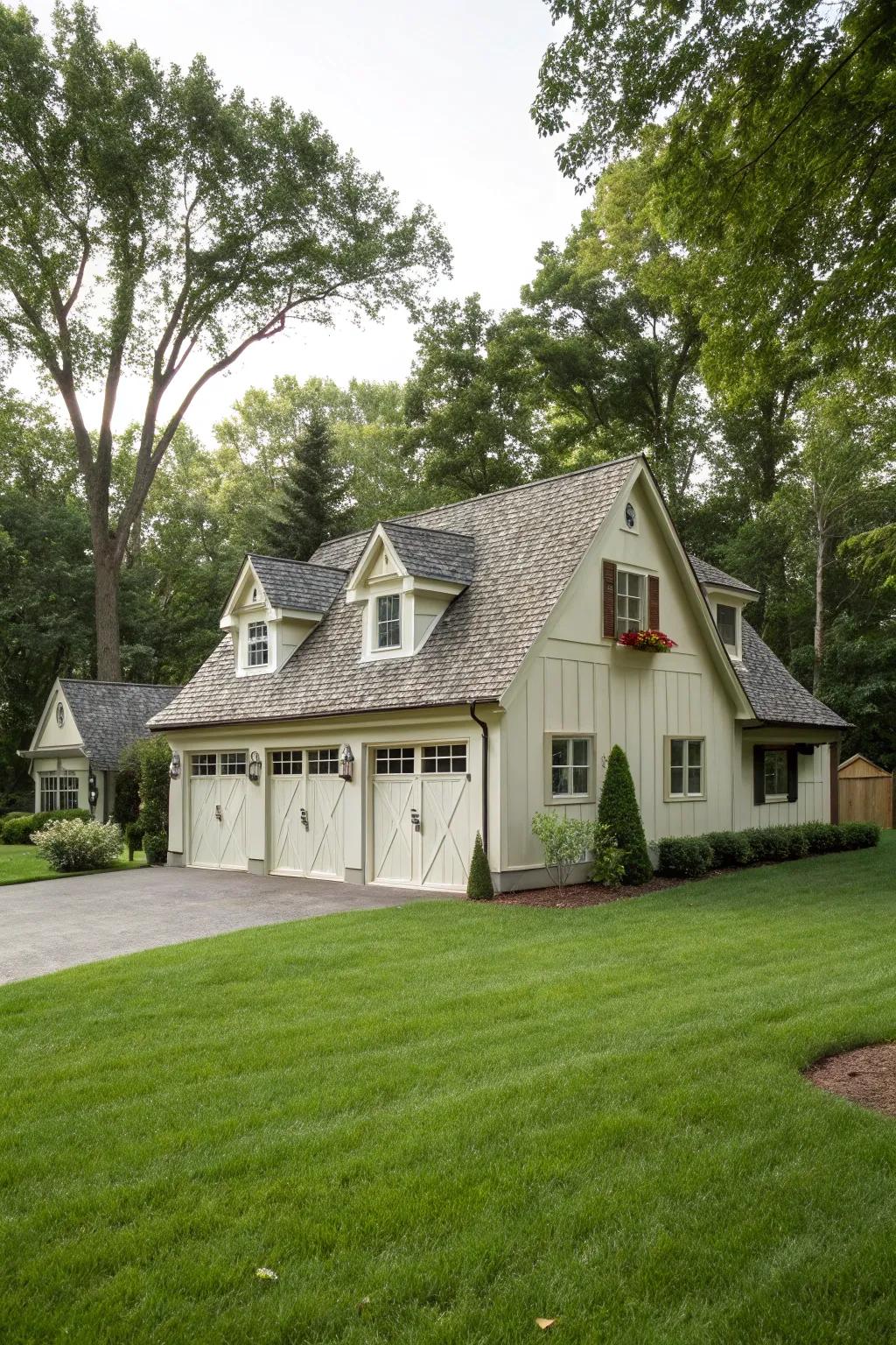 Dormers enhance detached garages, creating independent visual statements.