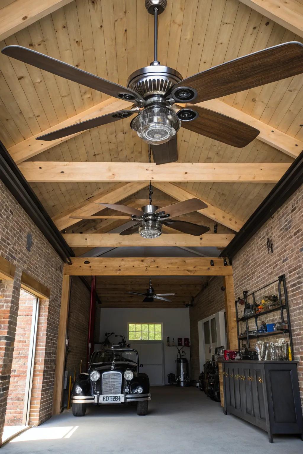 Elevate your garage style with these striking dual ceiling fans, where craftsmanship meets innovation.