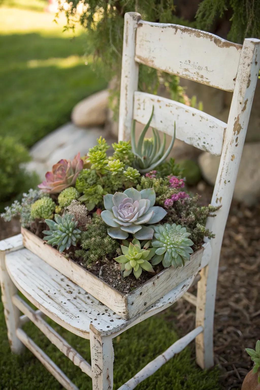 Transform rustic charm into garden art with a vintage chair planter filled with vibrant succulents.
