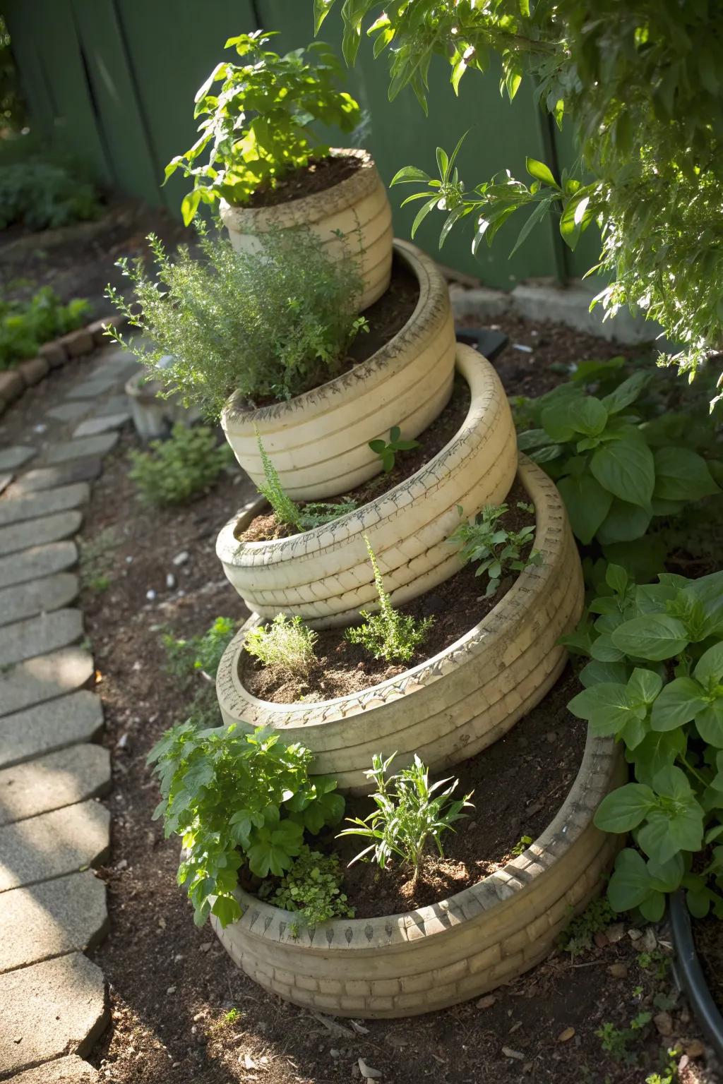 Transform your garden into a culinary haven with this striking herb spiral made from repurposed tires. Fresh herbs, fresh ideas!