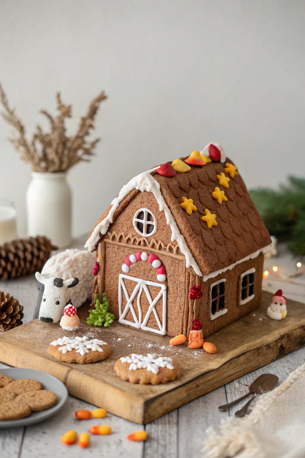 Embrace rustic charm with this delightful gingerbread barn, where simplicity meets whimsy.