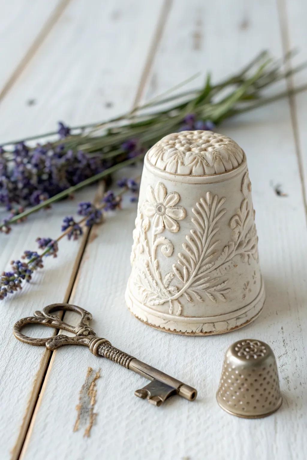 Discover the charm of vintage finds: a thimble transformed into a whimsical gnome bucket.
