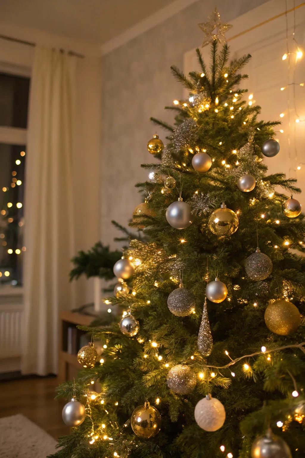 Gold and silver lights create an enchanting glow.