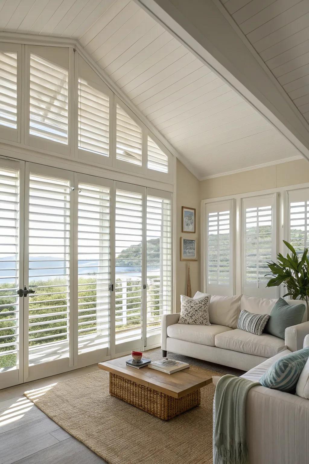 Louvered windows enhance ventilation and add a distinctive look to this living room.