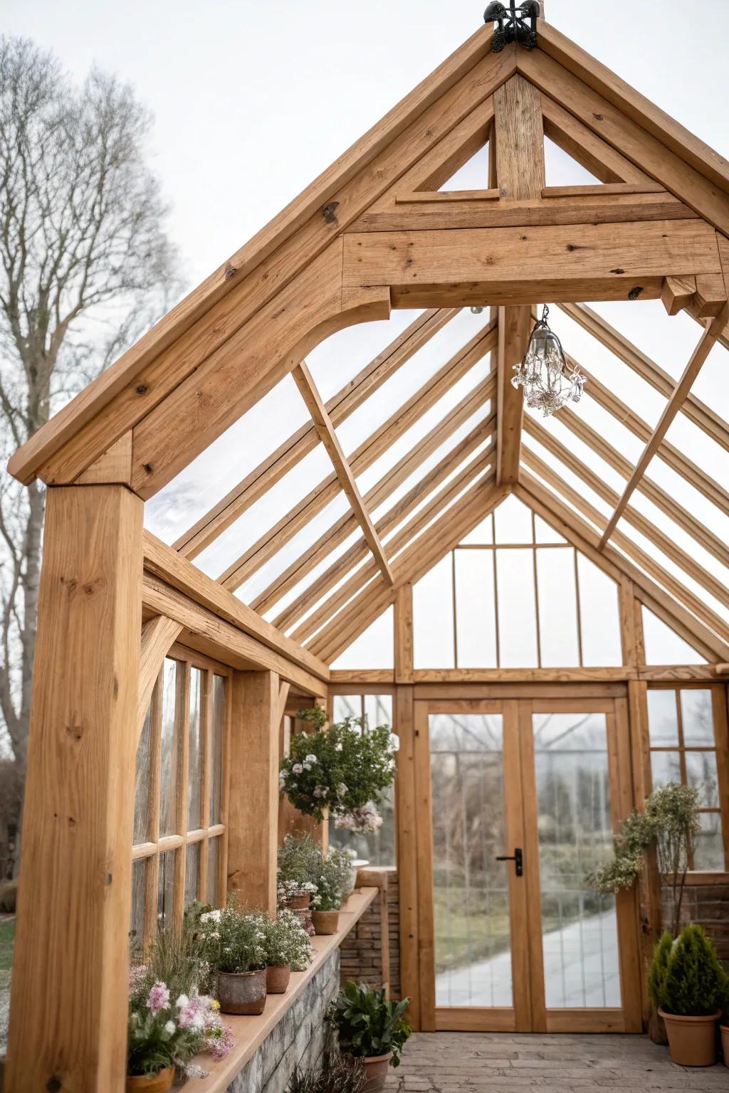 Embrace timeless elegance with a traditional wooden frame that brings warmth and rustic charm to your greenhouse.
