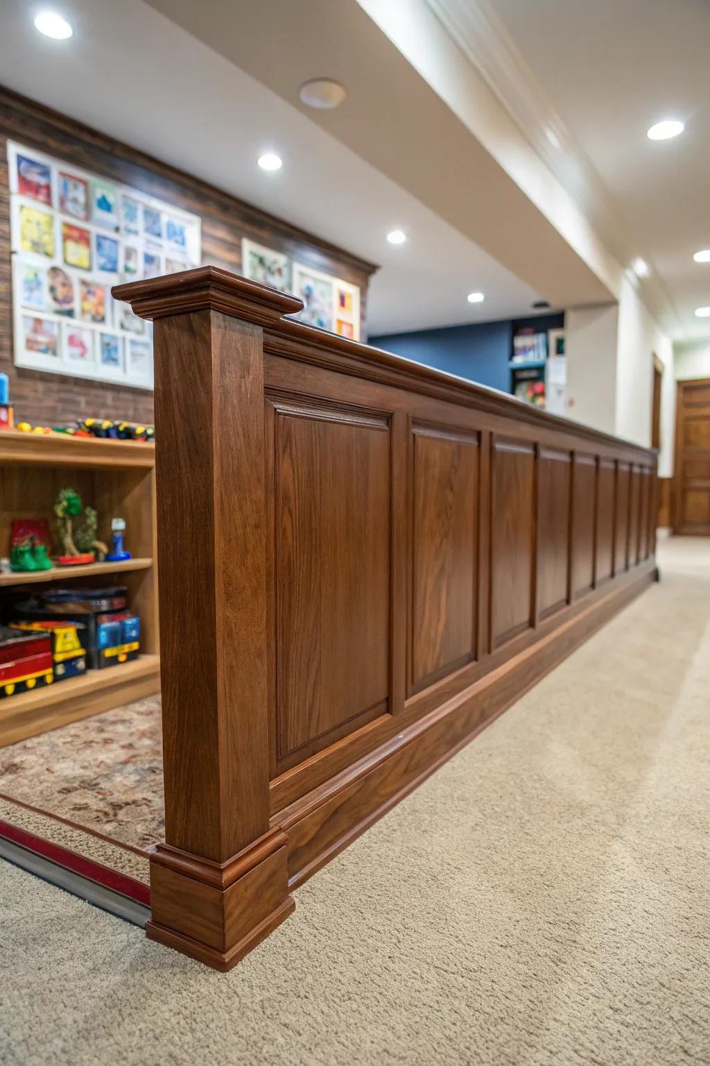 Craftsmanship meets play: A wooden half-wall beautifully divides playtime fun.