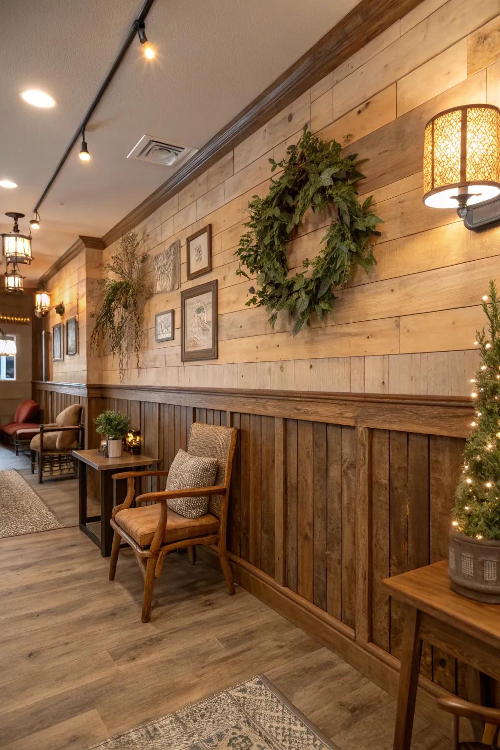 Reclaimed wood shiplap adds character and sustainability.