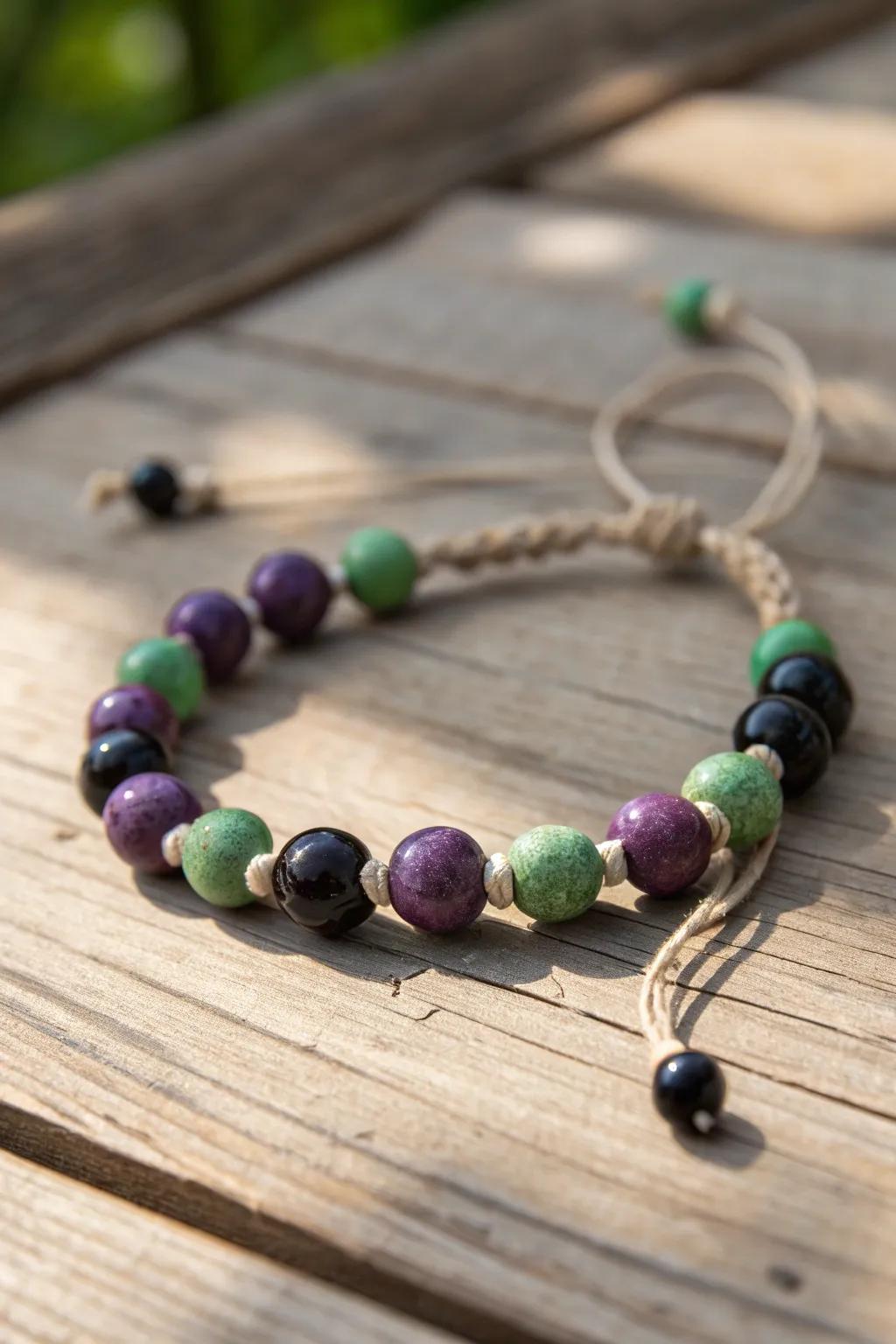 Enchant your style with this bewitching bracelet of purple, green, and black beads.
