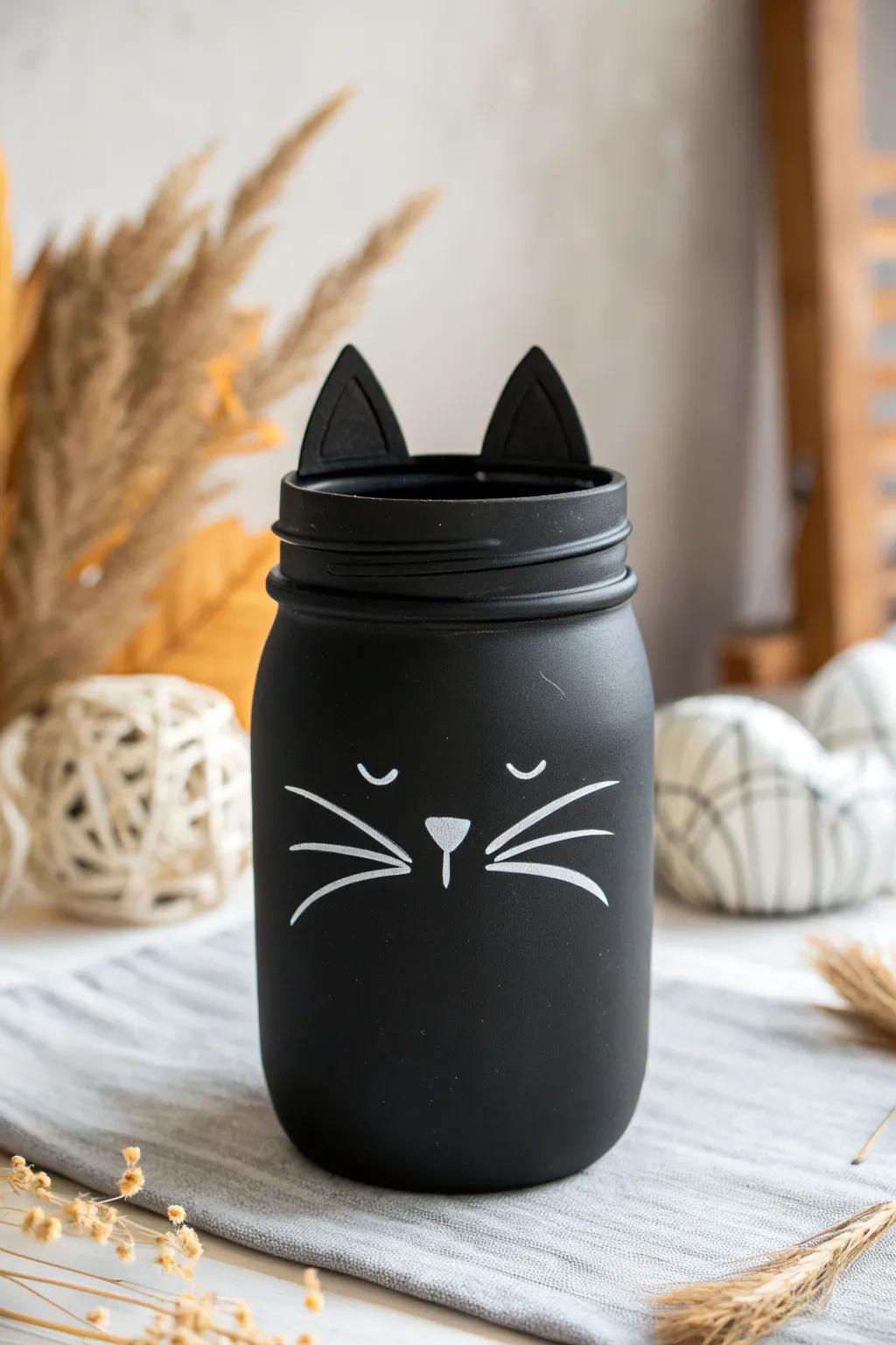 Embrace the charm of Halloween with this minimalist black cat jar, a perfect blend of Scandinavian simplicity and Boho whimsy.