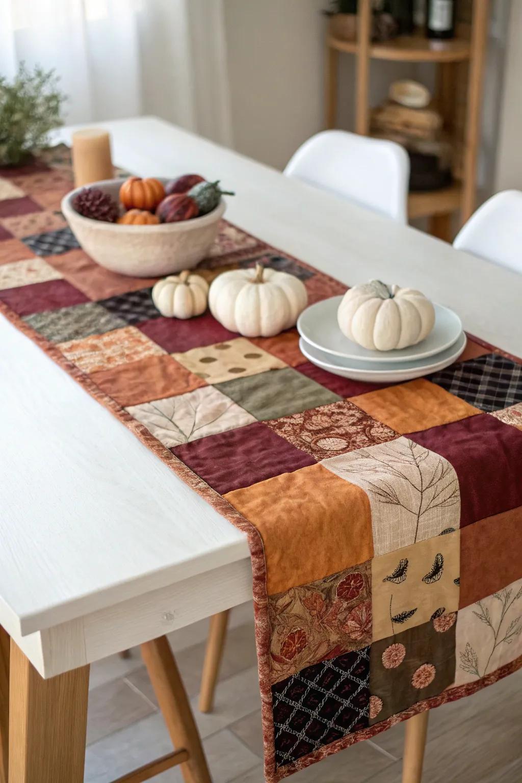 Elevate your Halloween decor with a cozy, handcrafted patchwork table runner—where minimalist elegance meets playful charm.