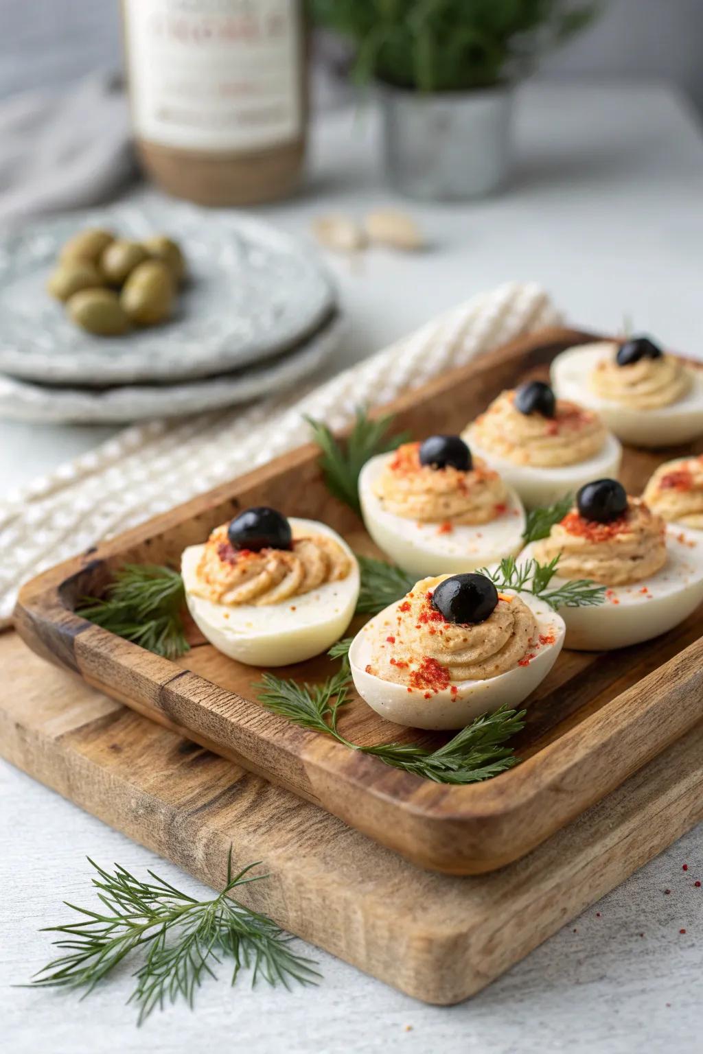 Elevate your Halloween snack game with these artistically spooky Bloodshot Deviled Eggs. Perfectly creepy yet utterly irresistible!