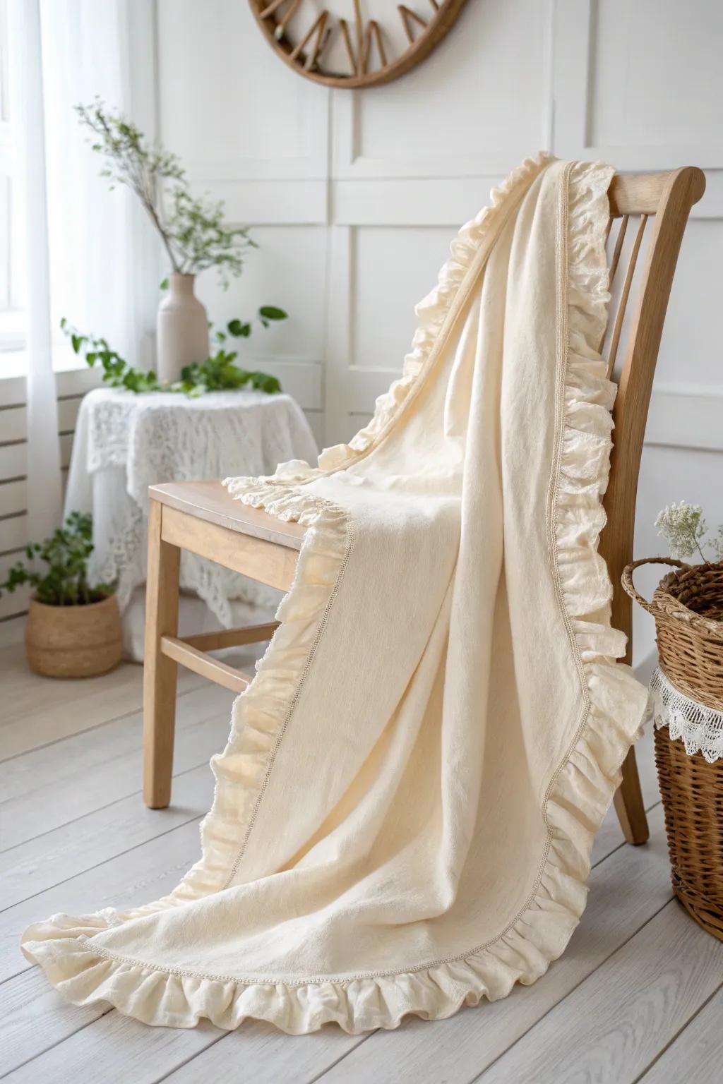Add a touch of elegance to your nursery with this charming handmade baby blanket featuring delicate ruffled edges.