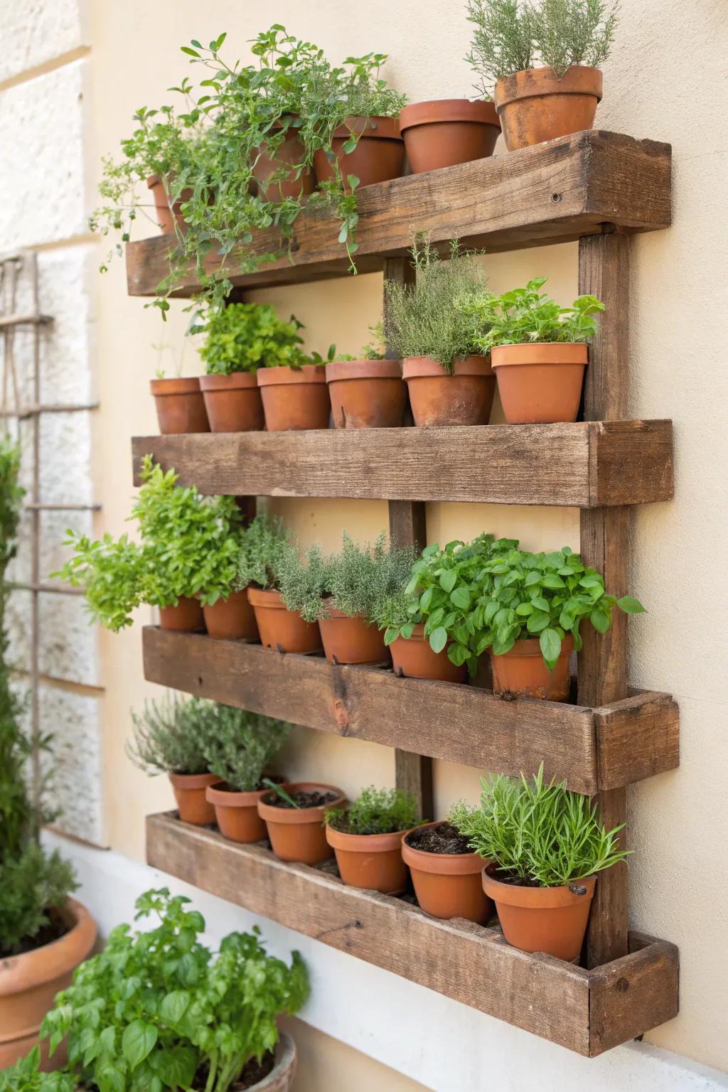 Elevate your outdoor space with rustic charm and vibrant greenery with these wall-mounted herb shelves.