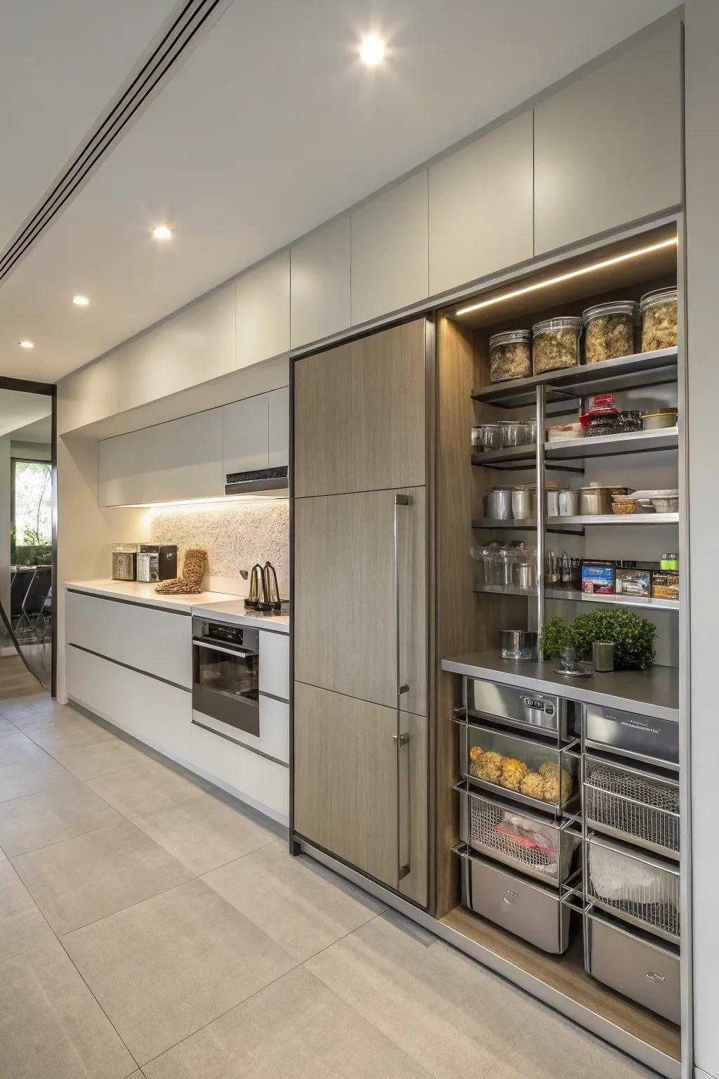 Sliding panels that keep hampers hidden yet accessible.