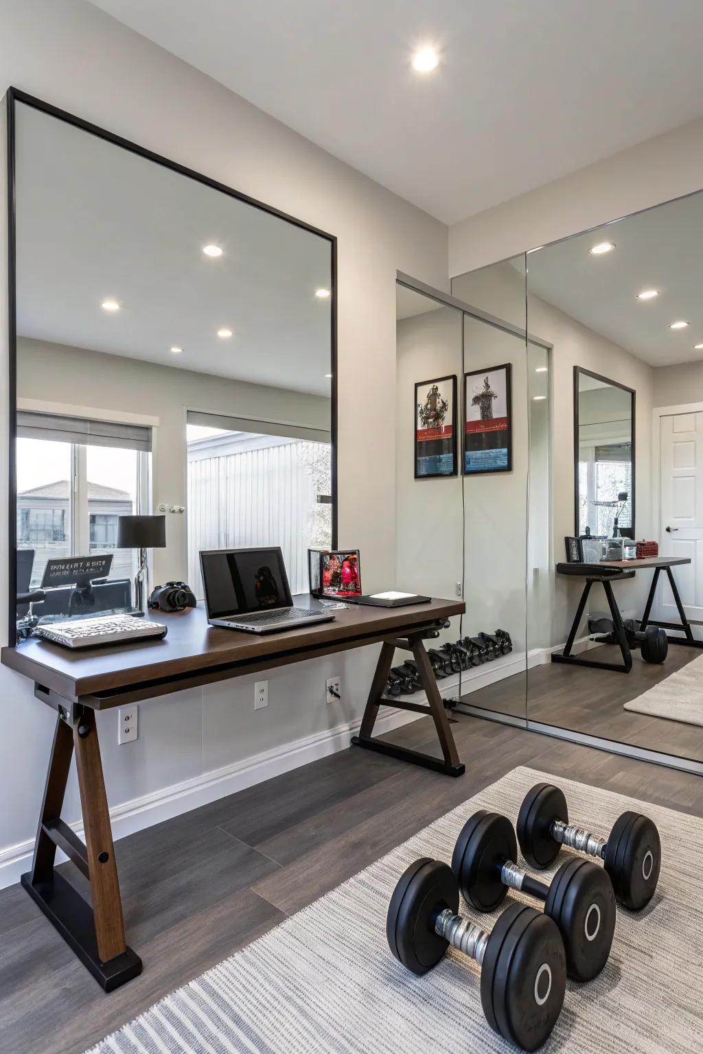 Mirrors enhance space perception and workout efficiency in your multifunctional room.