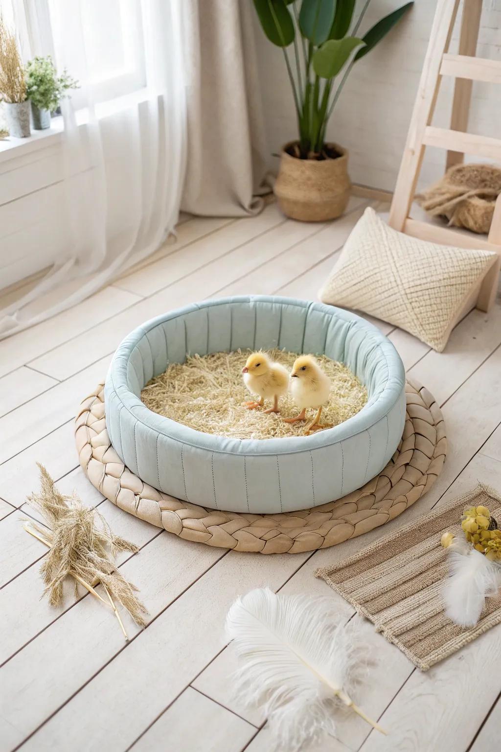 Discover the art of simplicity with this charming kiddie pool paradise for your chicks—where Scandinavian minimalism meets boho warmth.