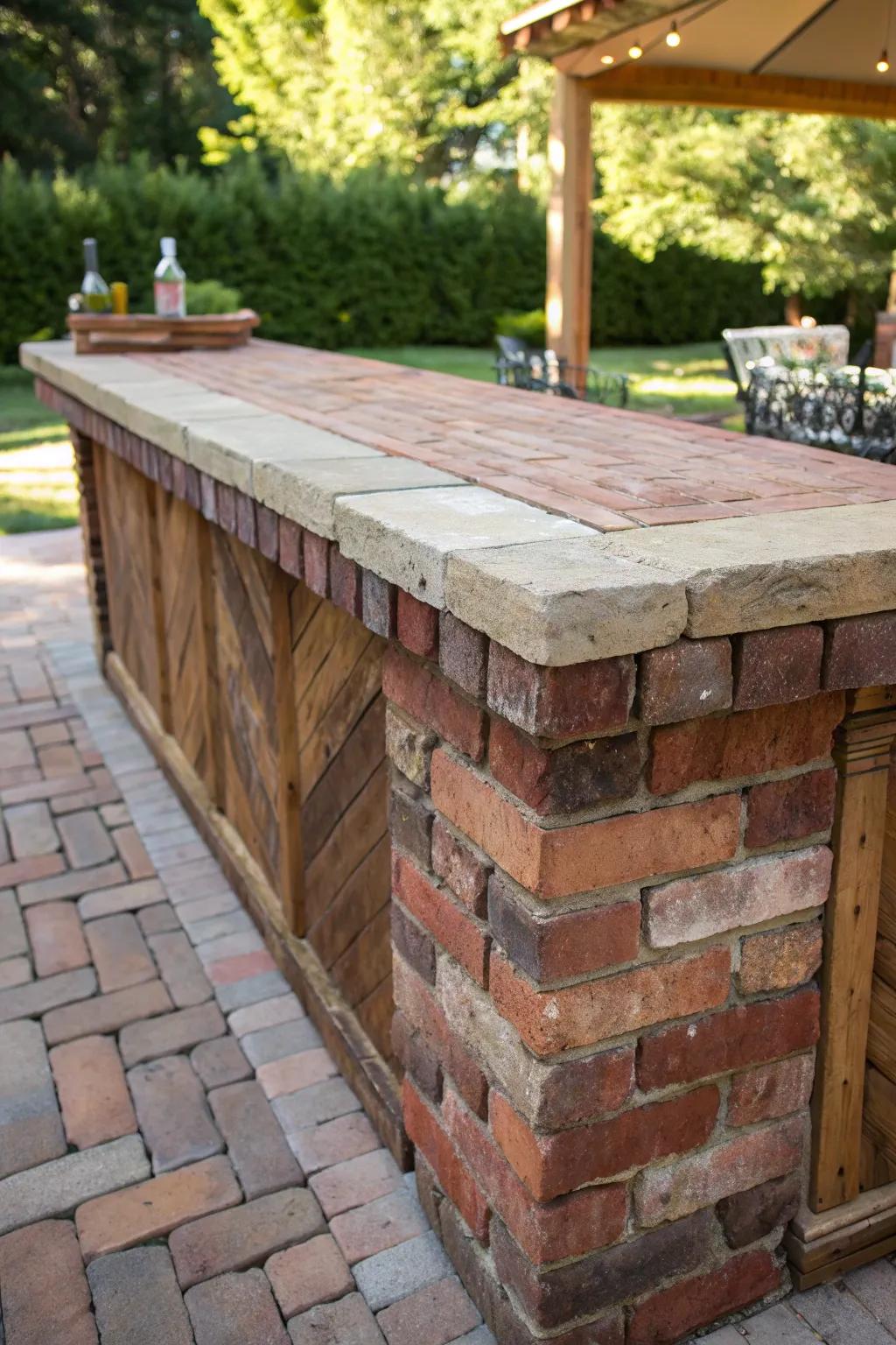Transform your outdoor space with the timeless elegance of a reclaimed brick bar top.