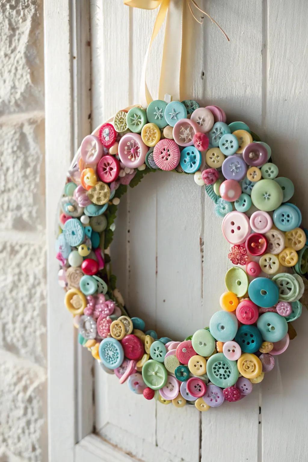 Add a splash of color and whimsy to your space with this charming button wreath, perfect for a touch of playful elegance.