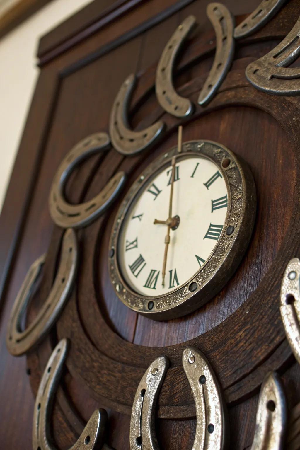 Craftsmanship Meets Time: A Rustic Horseshoe Clock That Tells More Than Time.