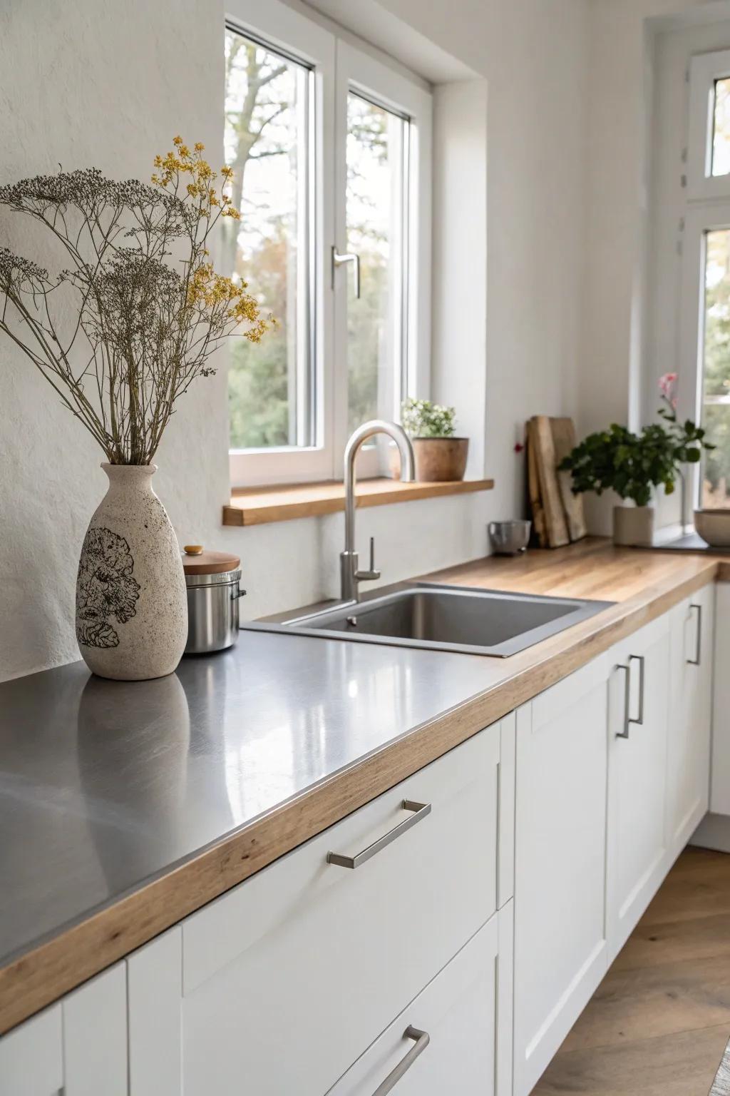 Elevate your kitchen with the timeless elegance of a stainless steel countertop—where industrial chic meets minimalist warmth.