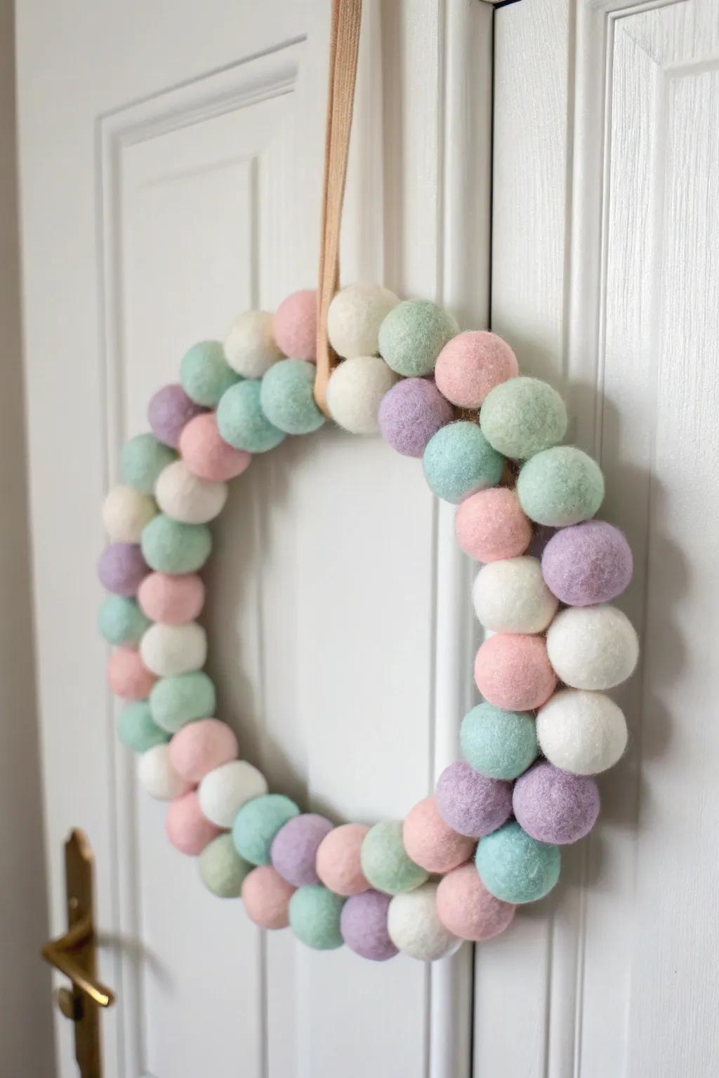 Add a touch of playful elegance with this pastel felt ball wreath, perfect for brightening up any space!