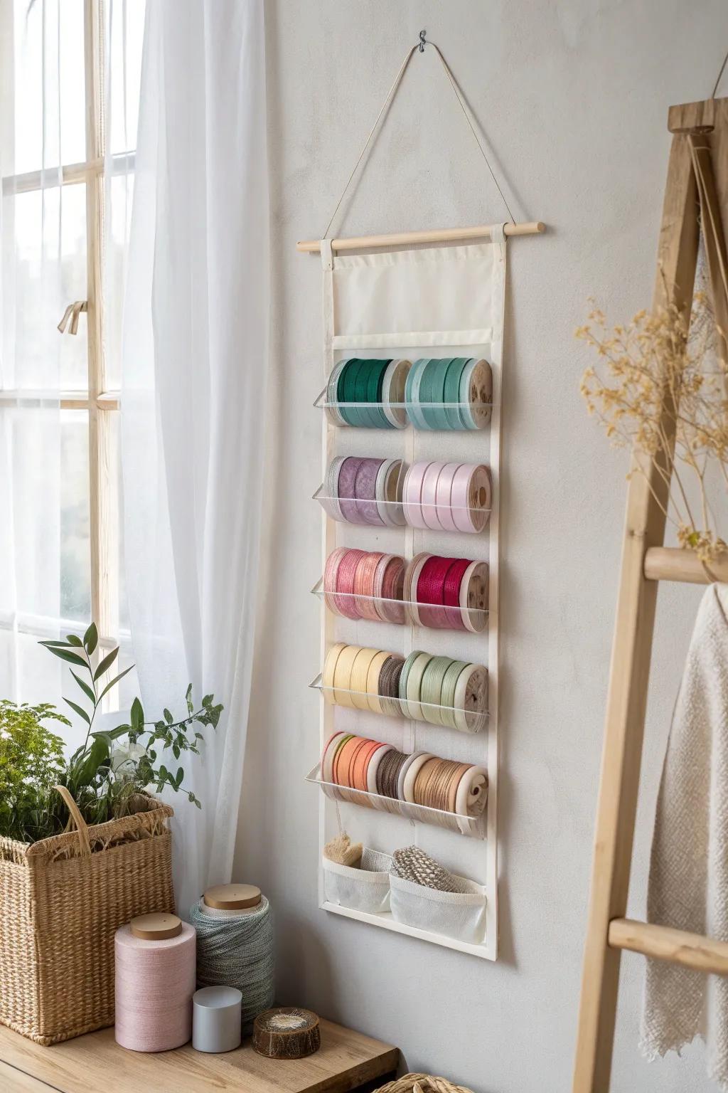 Elevate your ribbon storage with a chic and functional hanging organizer. Perfect for keeping beauty within reach. 🌿🎀